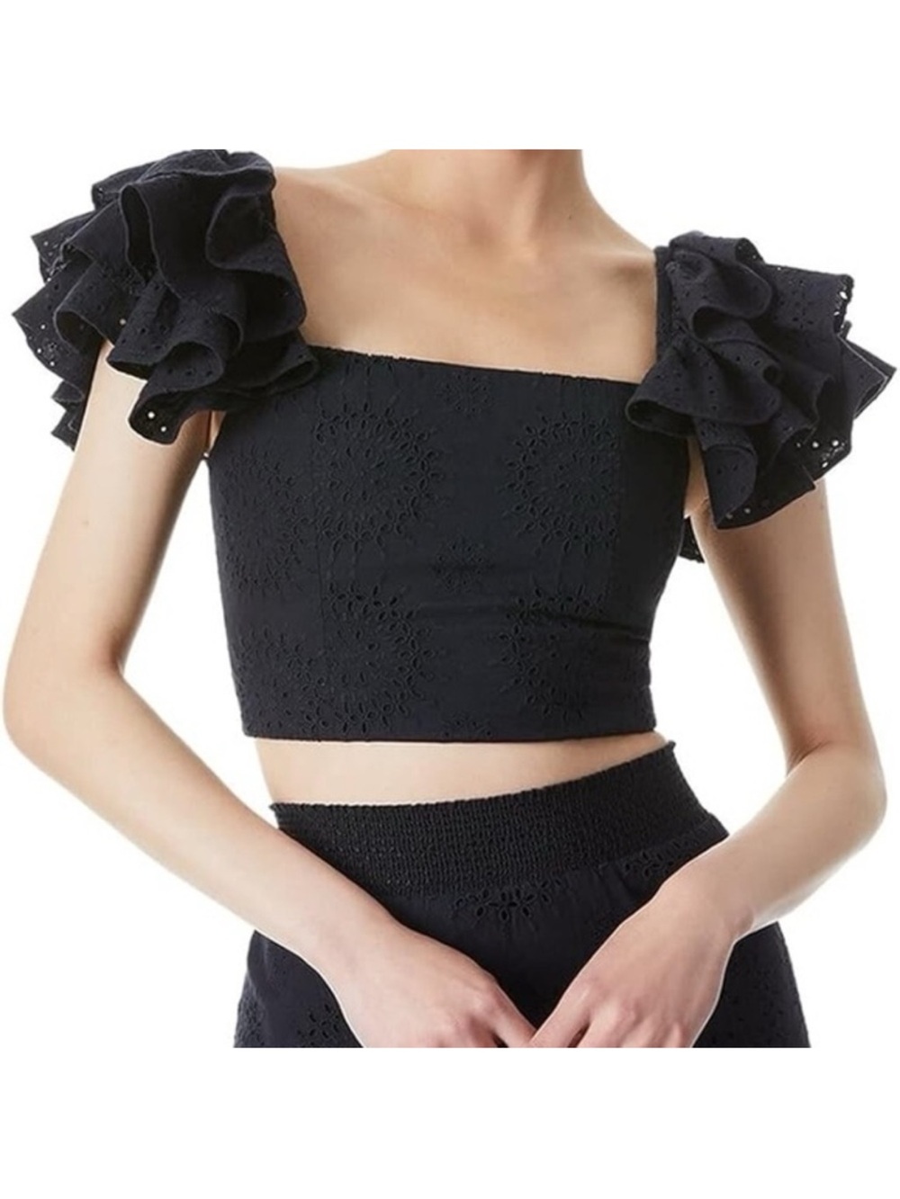 Alice + Olivia Black Tawny Ruffle Sleeve Eyelet Crop Top